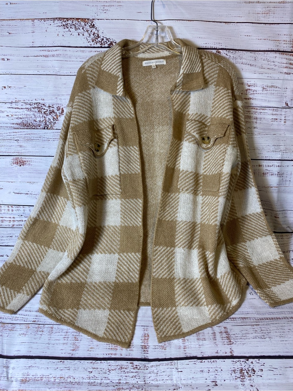 Madison + Hudson Open-Front Plaid Sweater in Camel and Cream Sz-M